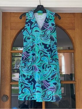 Katherine Way Women's Sleeveless Tunic Dress Navy Blue Green Pattern Size XS